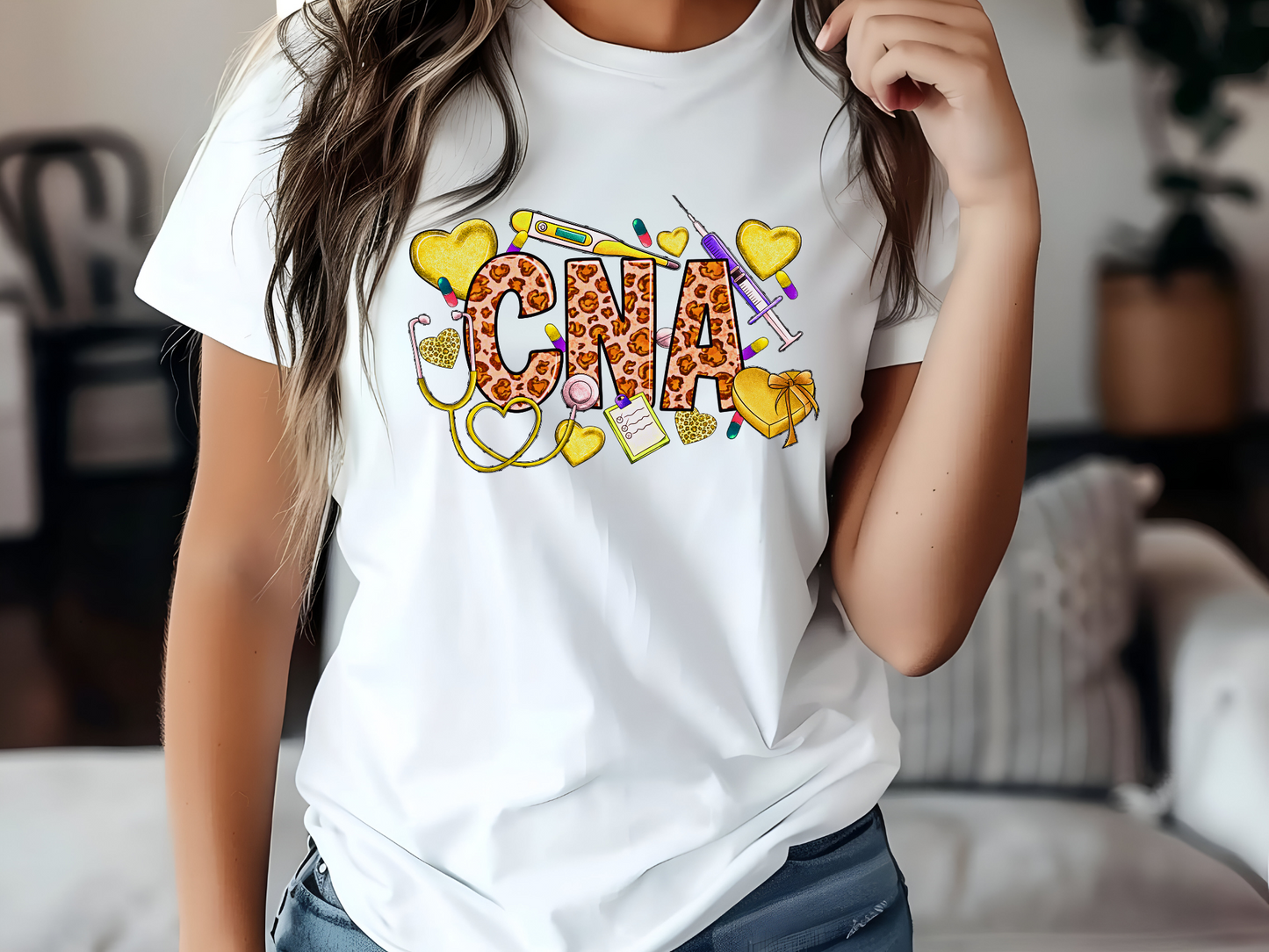 Woman with fashion t-shirt showcasing title of CNA on her t-shirt